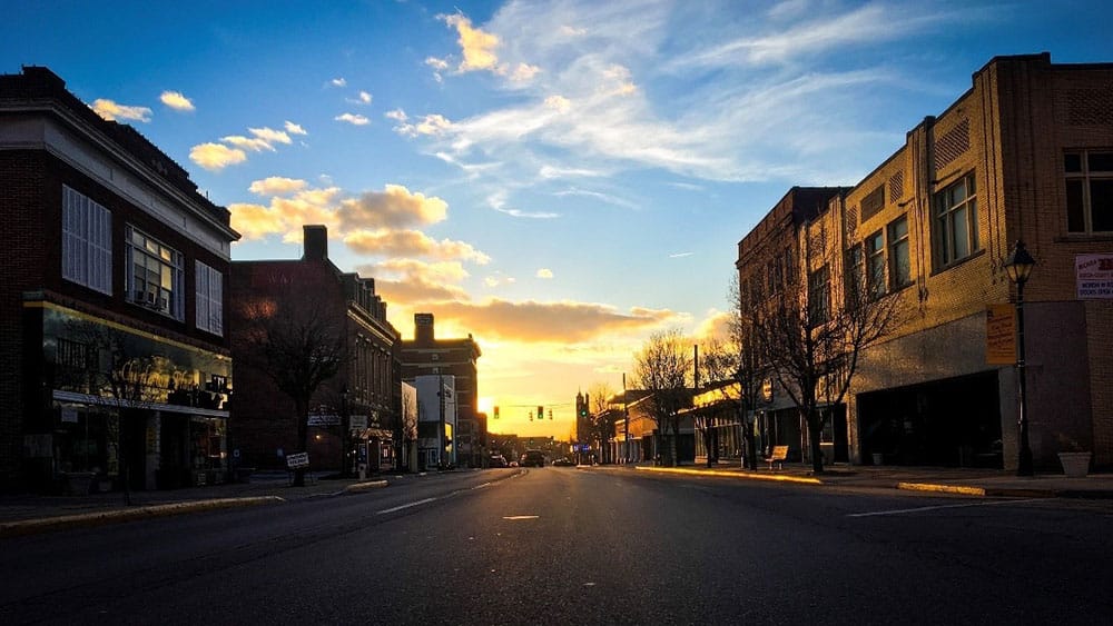 A street in Downtown Marion, at sunset.