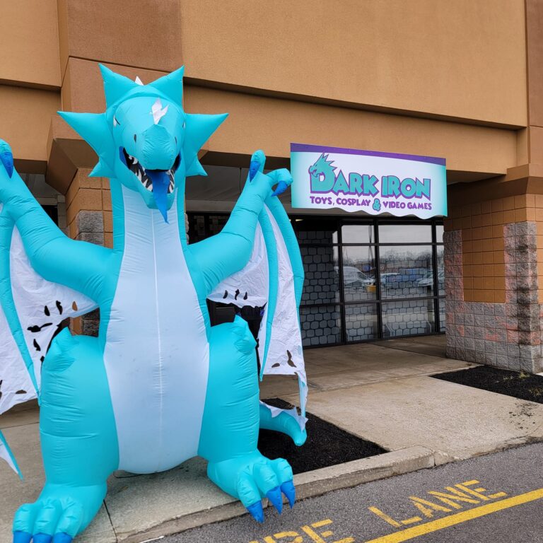 Inflatable blue dragon outside the store