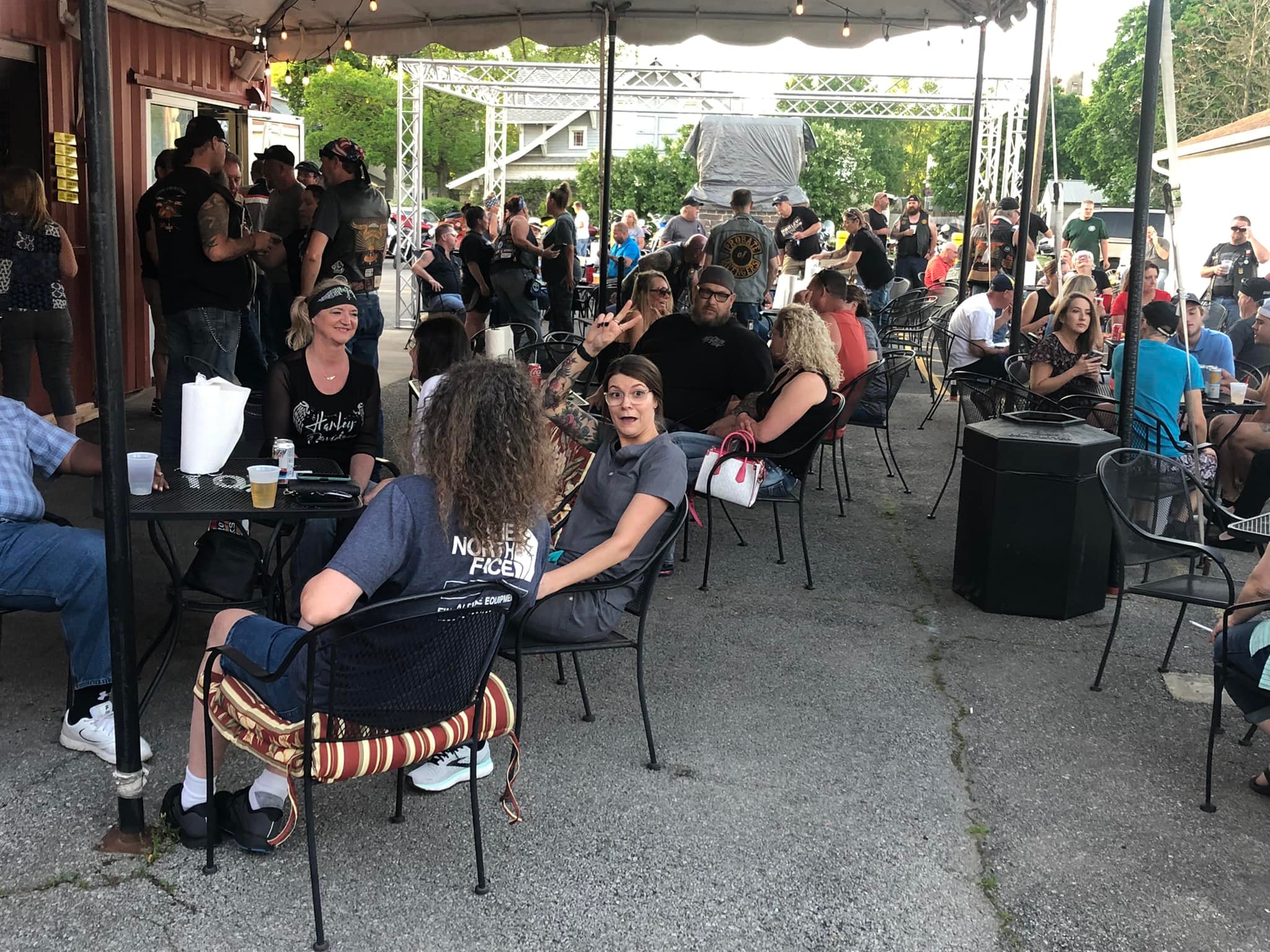 Crowd at tables on the patio at the OK Cafe in Marion.