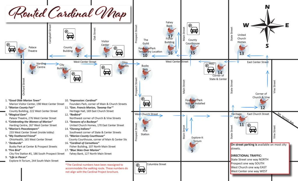 A routed walking map featuring the locations of the Cardinal Project statues in downtown Marion, Ohio.