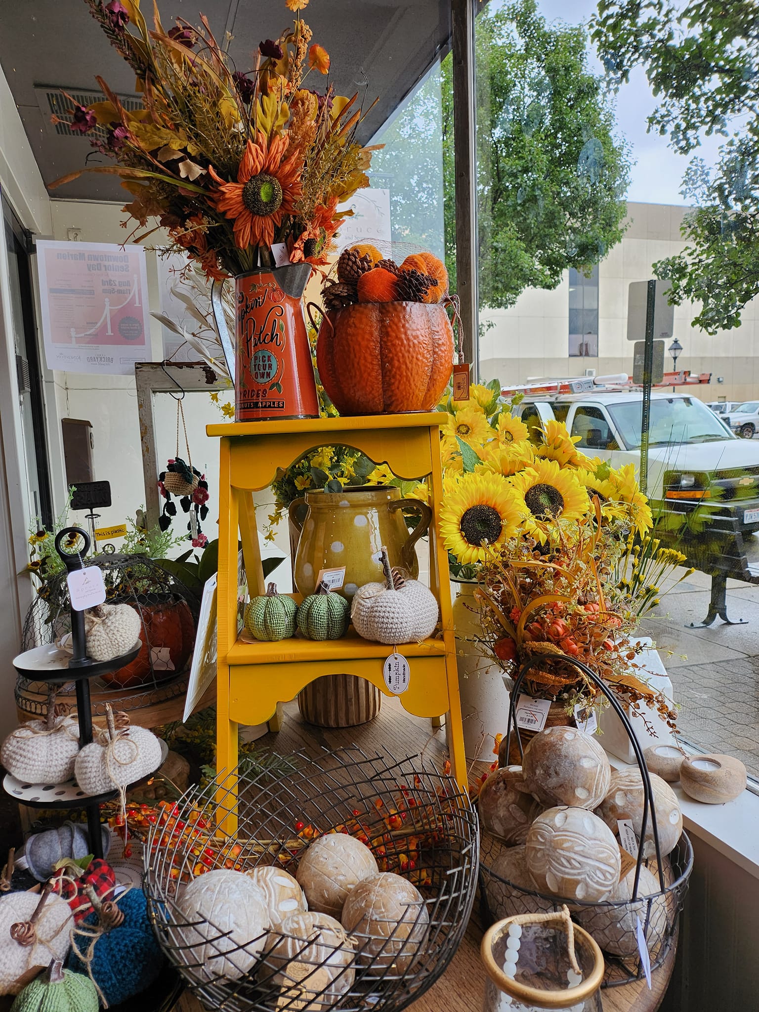 Pictures the store's front window with decorative pumpkins and floral stems
