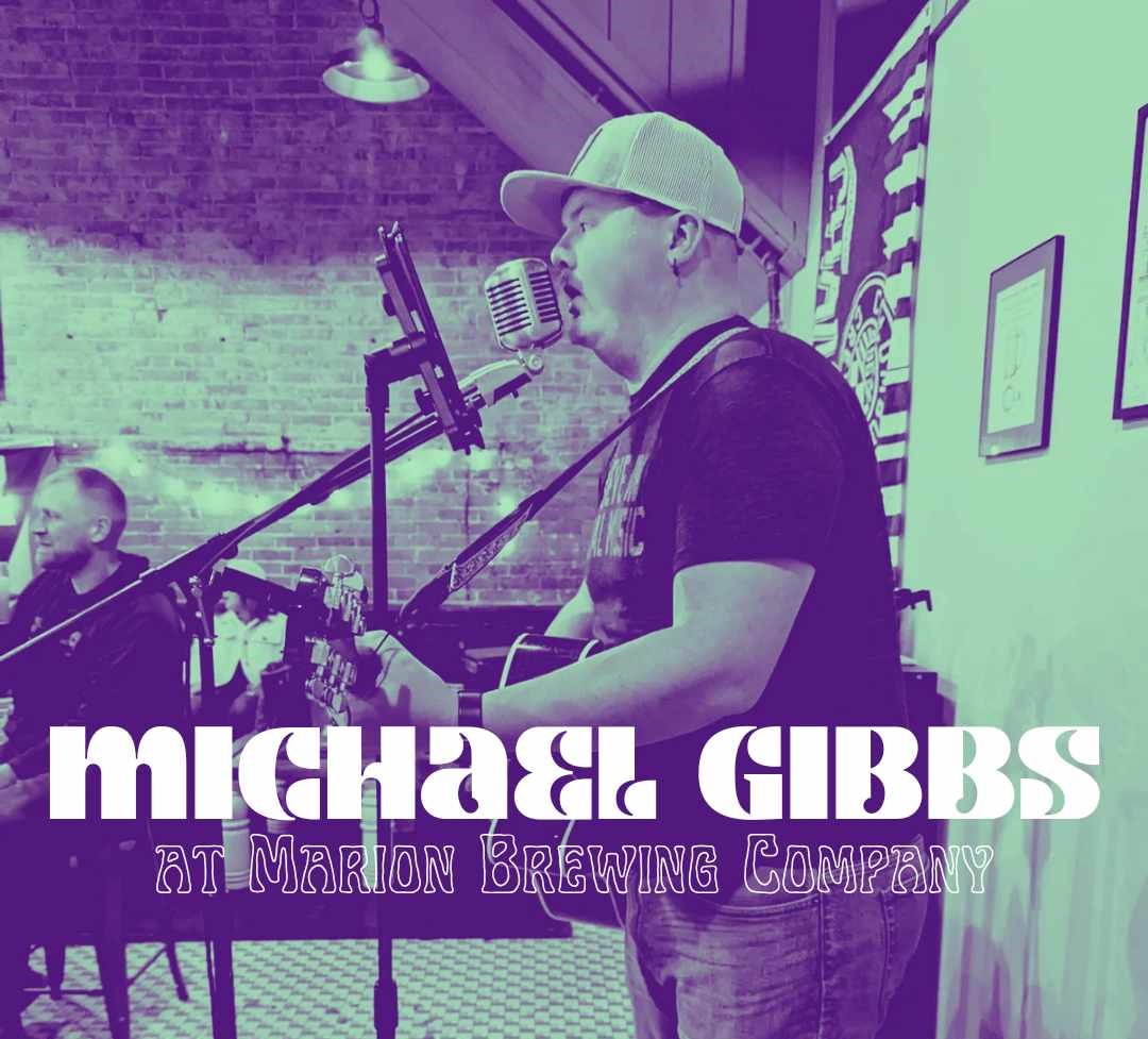 green and purple colorized image of Michael Gibbs playing guitar and singing into a microphone