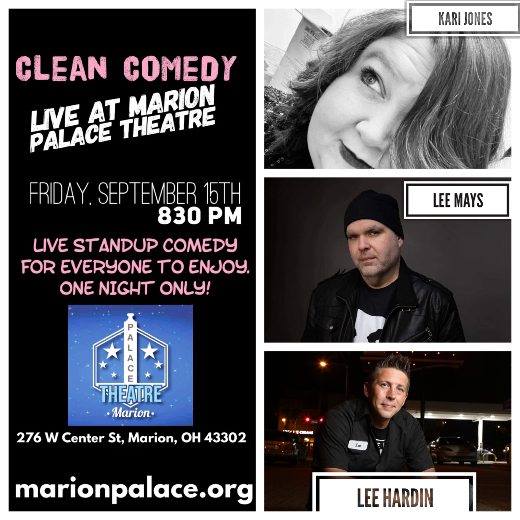 Clean Comedy poster with pictures of the performers -- Kari Jones, Lee Mays, and Lee Hardin -- and the Palace logo