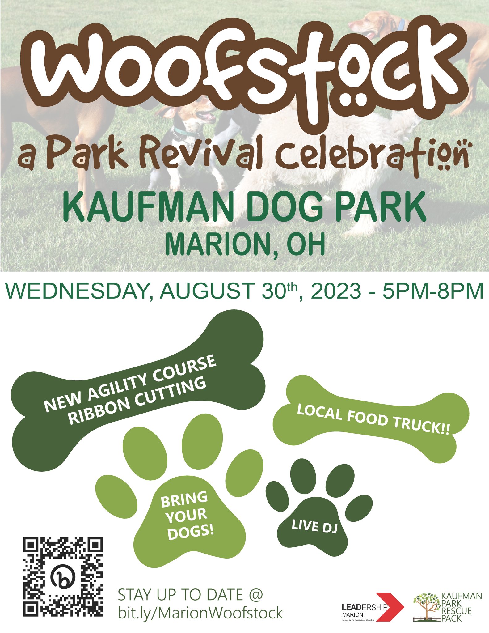 Poster describing an event to celebrate the revival of the Kaufman Dog Park. Paw prints and dog bones pictured.