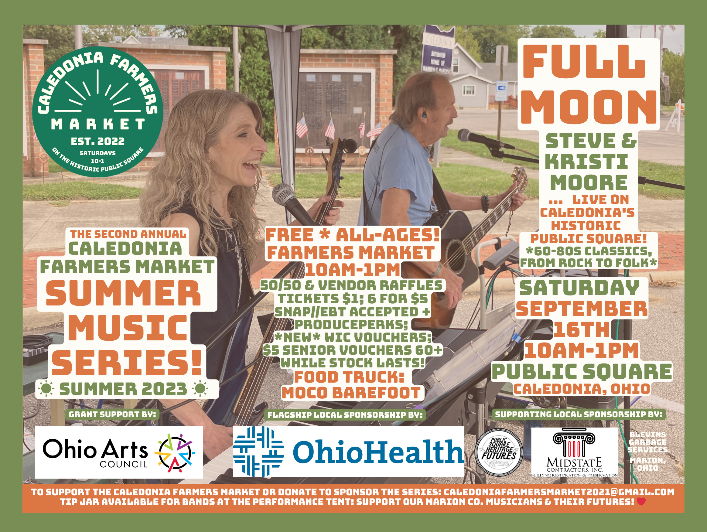 background features performers Kristi and Steve Moore playing guitars and singing with sponsor logos: OhioHealth, MidState Contractors, and Ohio Arts Council in the foreground