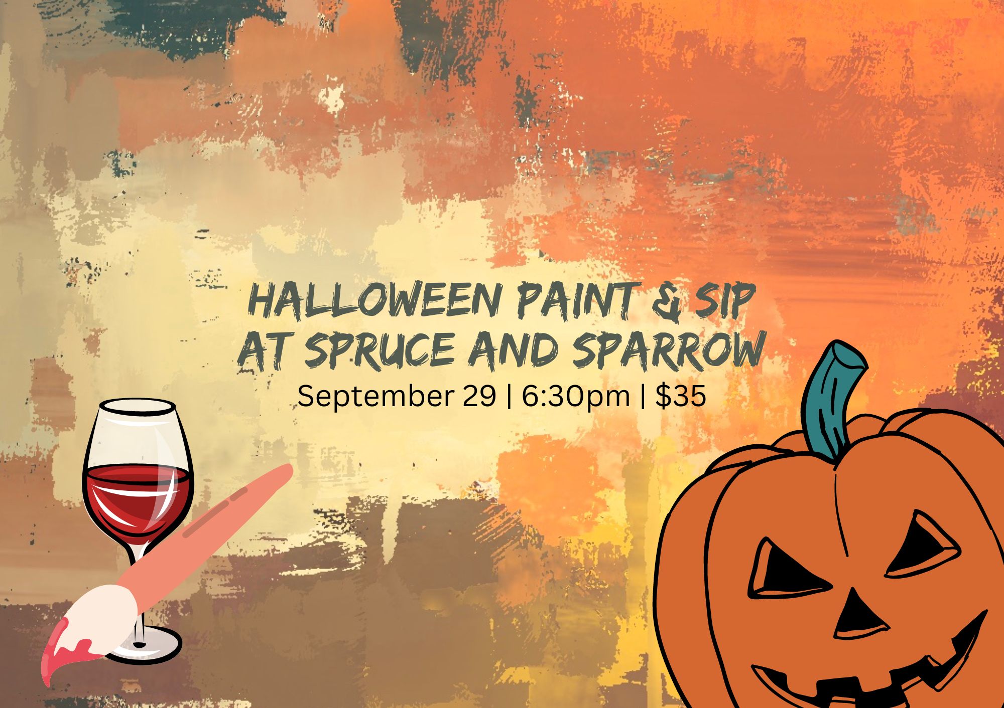 Fall colored background with a Halloween pumpkin, wine glass, and paint brush