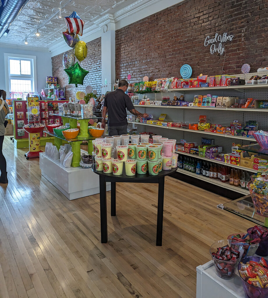 candy store with shelves and shelves of candies