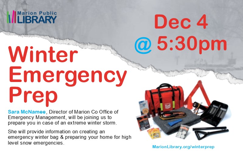 snowy background with items needed in case of an emergency -- shovel, blanket, flashlight, reflective triangle