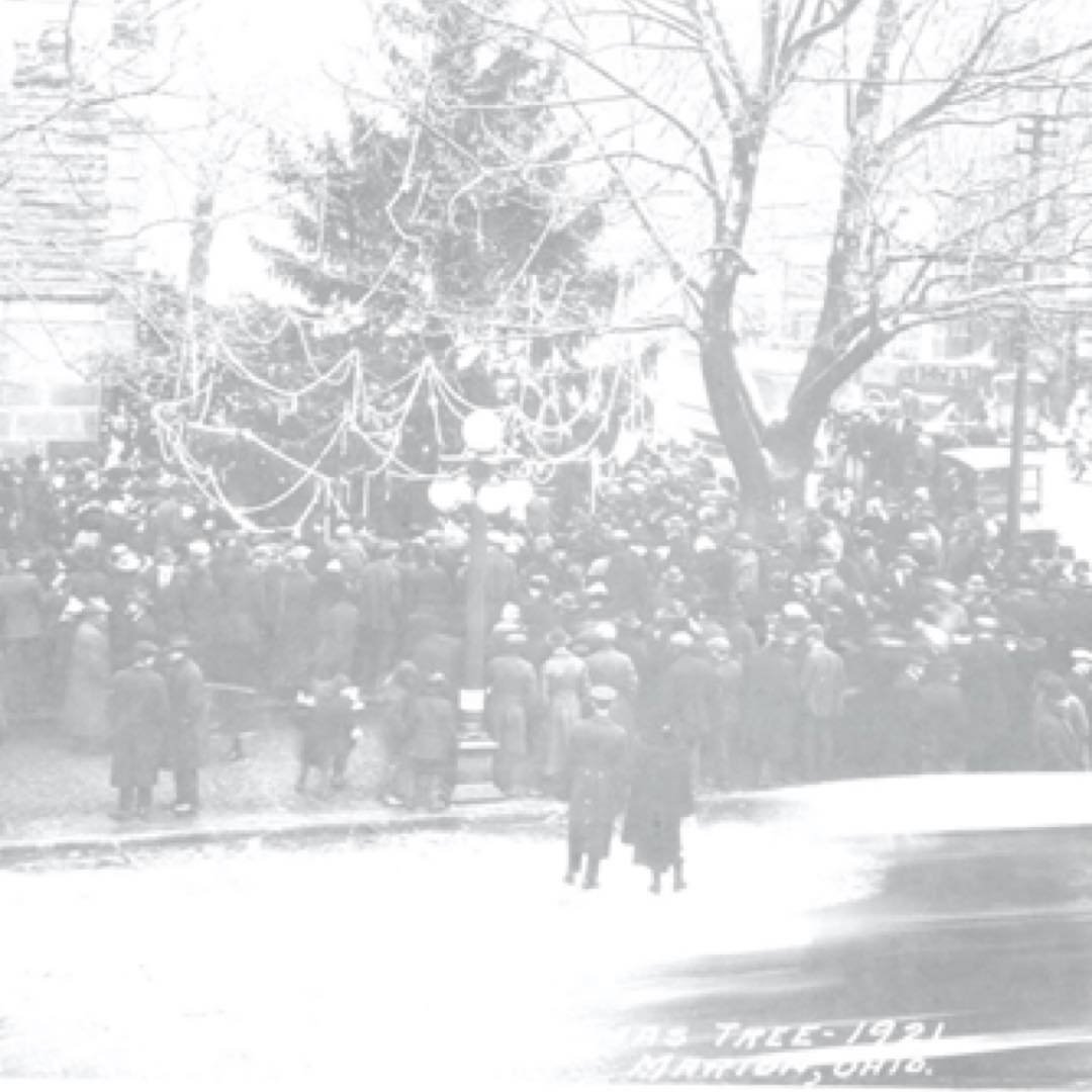 Black and White image of a group of people gathered to watch the lighting of an outdoor Christmas Tree