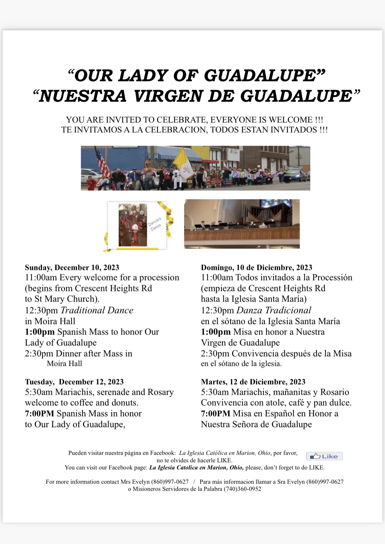 Our Lady of Guadalupe parade and church images with event schedule