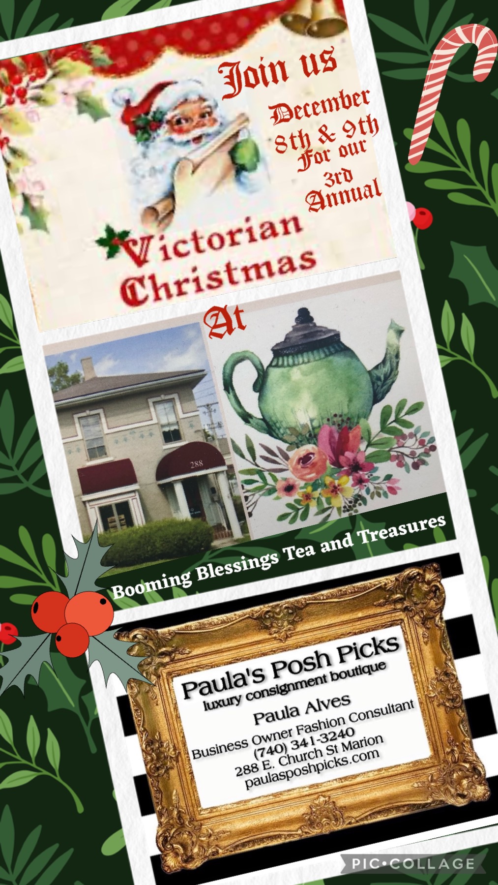 Victorian Santa, exterior of building that houses Paula's and Booming Blessings, tea pot, and gold frame