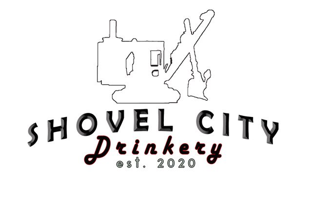 Outline of an excavator about the words "Shovel City Drinkery"