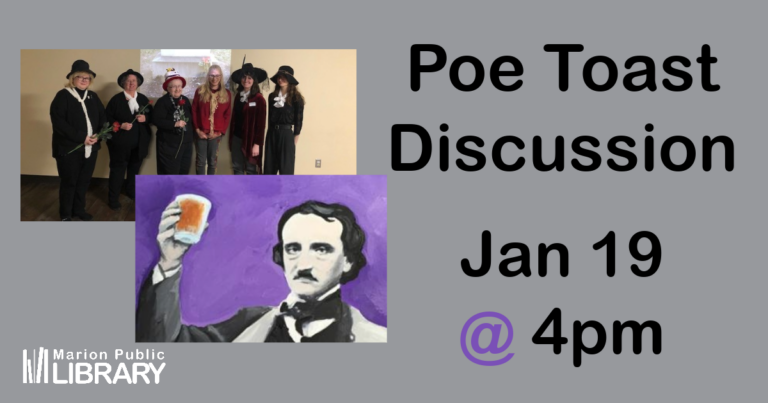 people dressed like Poe with black hats and white scarves and Poe raising a glass to toast
