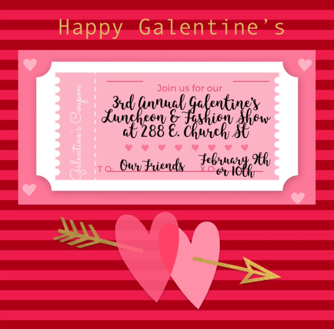 striped red background with a pink ticket and two shades of pink hearts