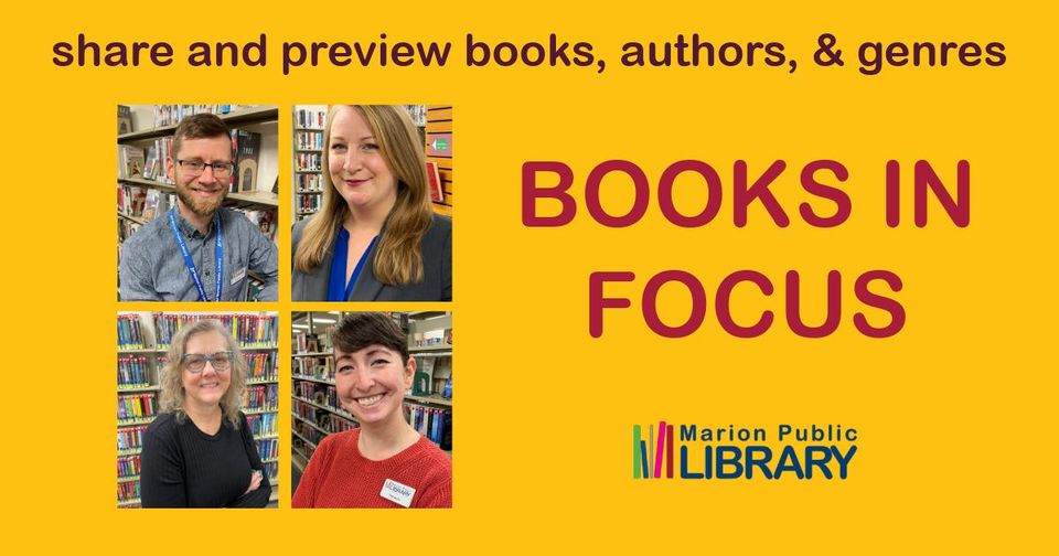 Yellow rectangle with 4 squares inside it featuring faces of Library Employees