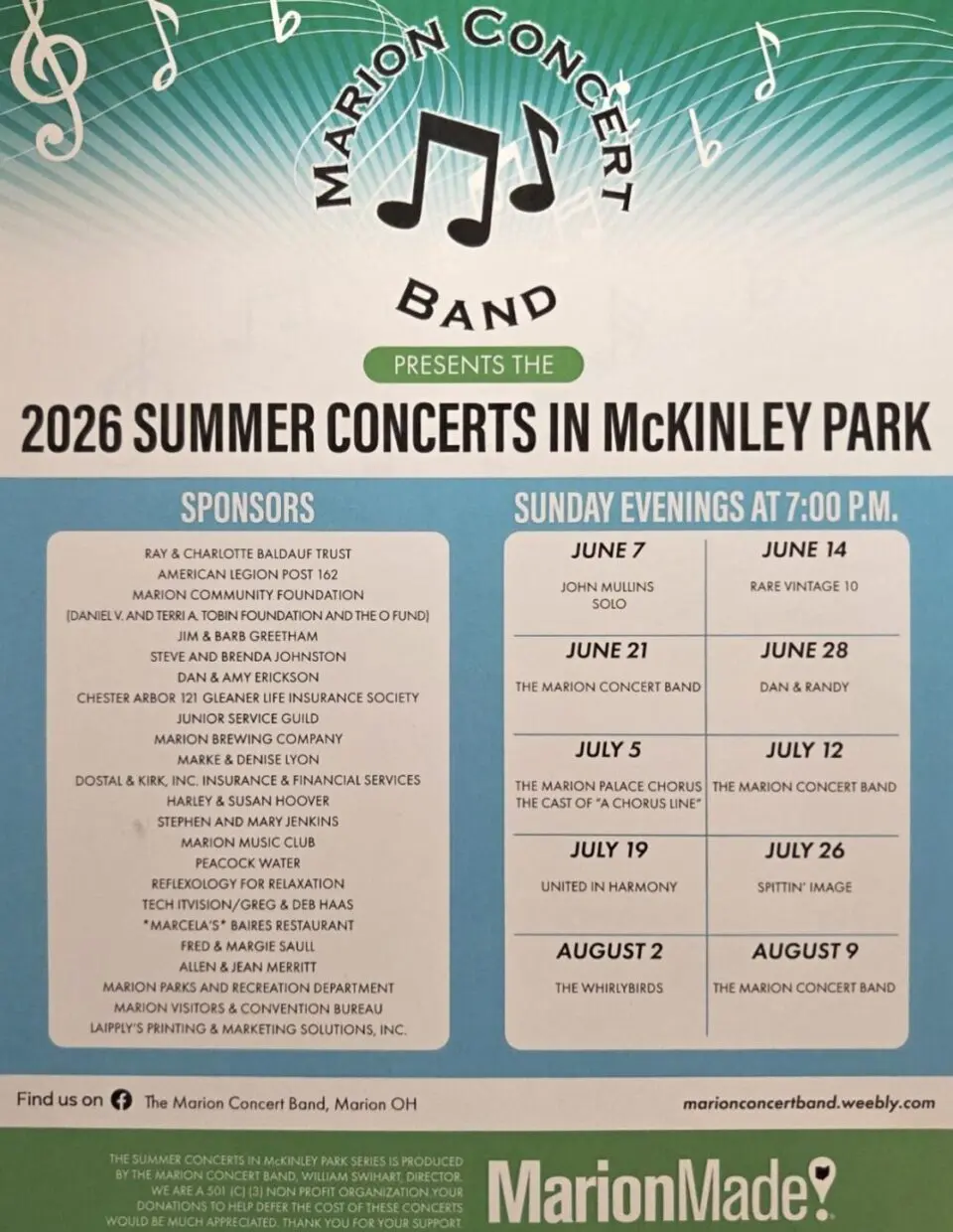 Marion Concert Band presents the 2026 Summer Concerts in the Park at the Erickson Pavilion in McKinley Park