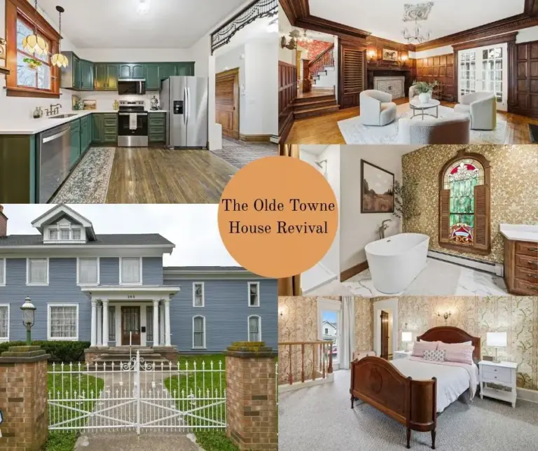 the olde towne house revival collage of interior and exterior photos - bed, bath, kitchen, etc.